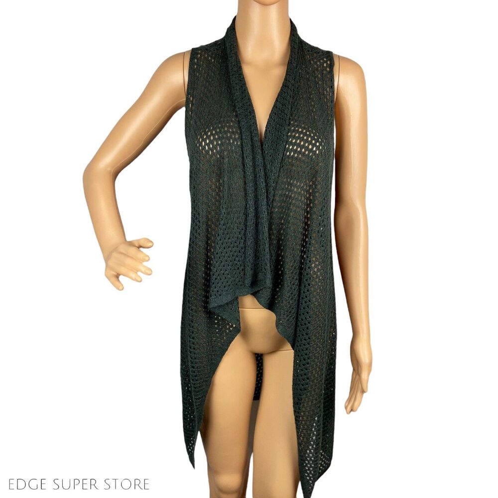 Elie Tahari Green Knit Mesh Linen Sleeveless Cardigan Sweater Vest Size Xsmall
